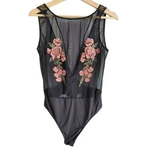 Floral Embroidery Mesh Lace One Piece Bodysuit